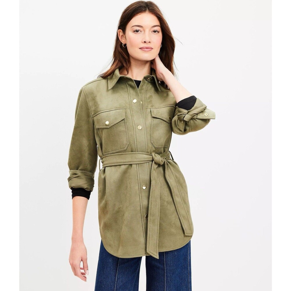 LOFT Olive Green Suede Belted Shirt Jacket Shacket